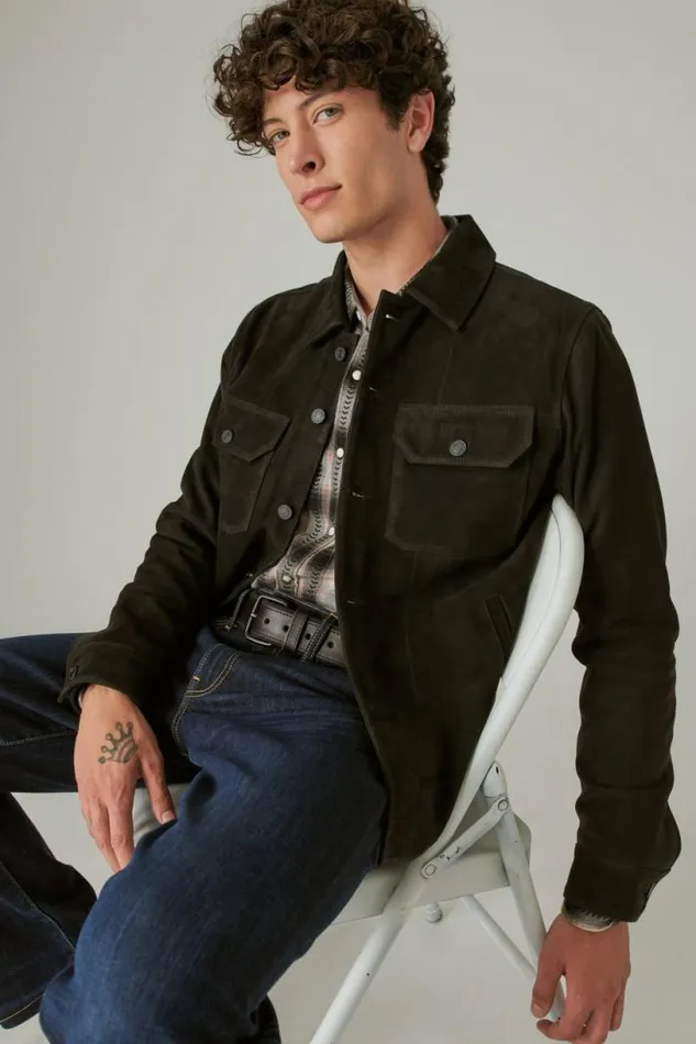 Men Lucky Brand Jackets and Outerwear Suede Military Shirt Jacket 001 Black