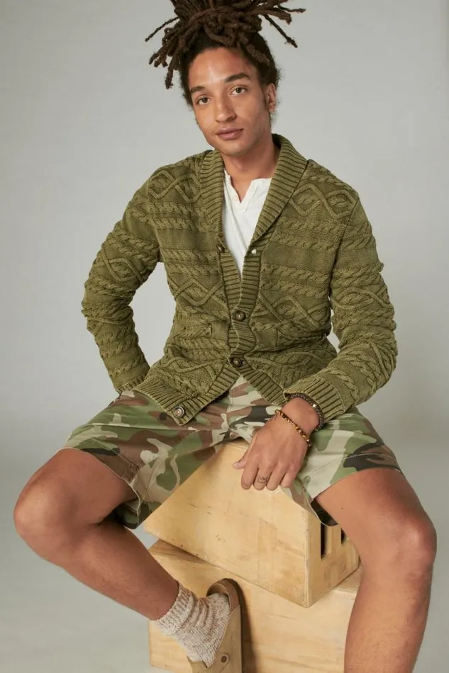 Men Lucky Brand Sweaters Cable Knit Cardigan Drk Olive Acid Wash