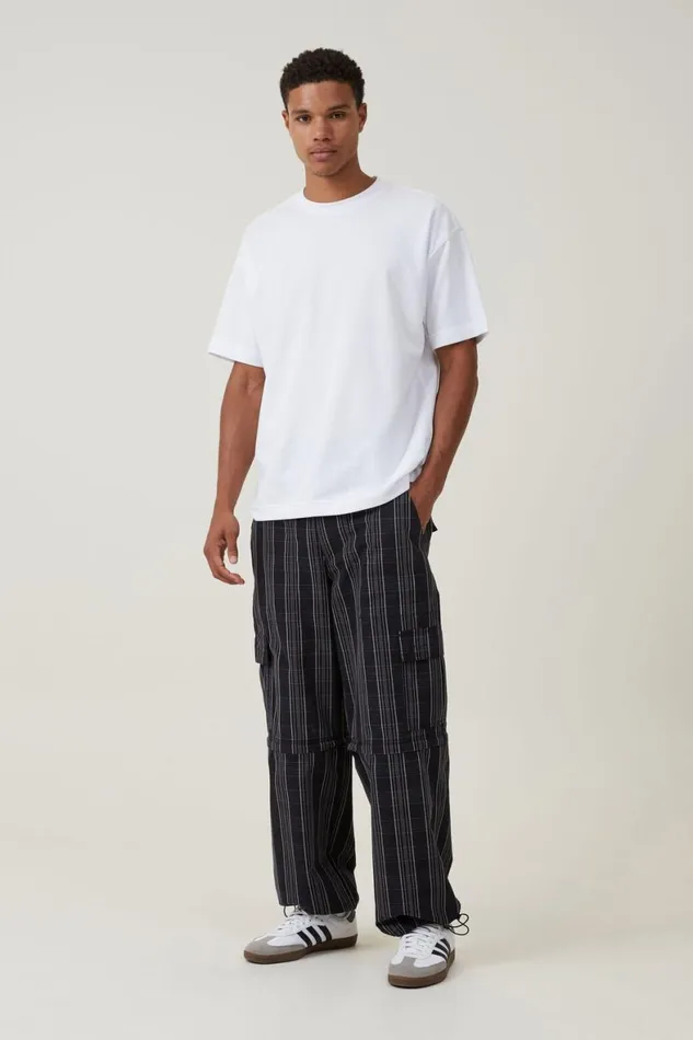 Men Pants Cotton On Parachute Zip Off Pant Black Check