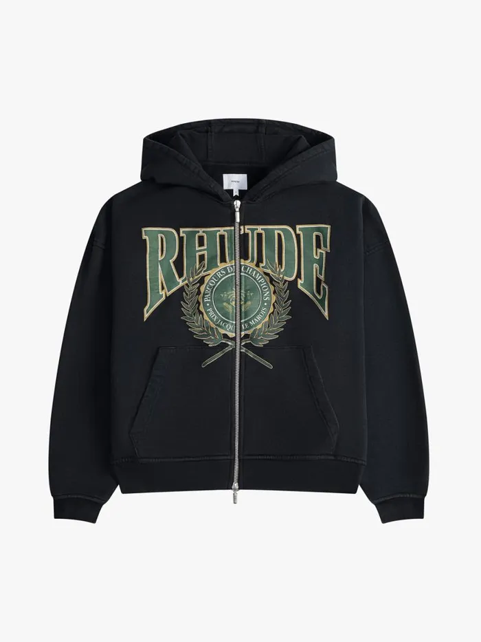 Men Rhude Sweatshirts PARCOURS DES CHAMPIONS FULL ZIP HOODIE Vtg Black