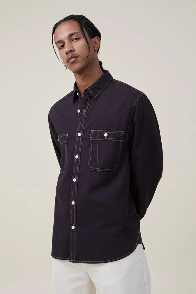 Men Shirts and Polos Cotton On Brooklyn Long Sleeve Shirt Vintage Black