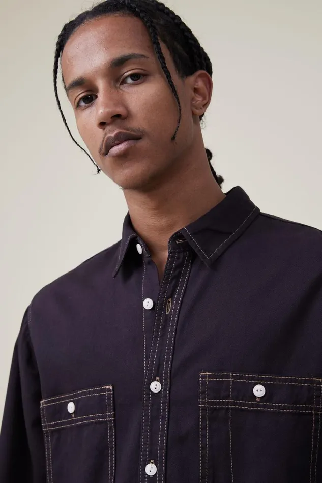 Men Shirts and Polos Cotton On Brooklyn Long Sleeve Shirt Vintage Black