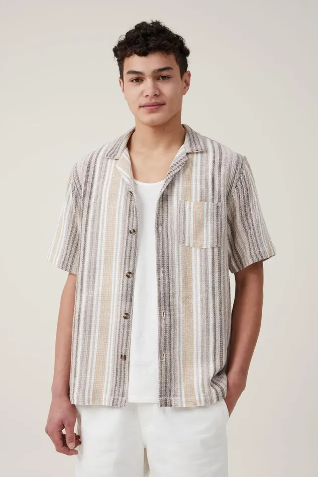 Men Shirts and Polos Cotton On Palma Short Sleeve Shirt Tan Busy Stripe