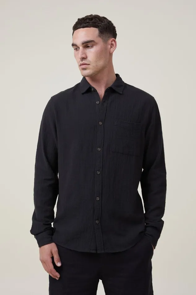 Men Shirts and Polos Cotton On Portland Long Sleeve Shirt Washed Black Cheesecloth