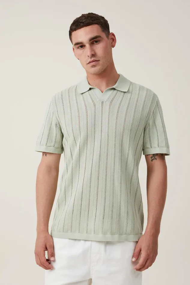 Men Shirts and Polos Cotton On Resort Short Sleeve Polo Seafoam Pointelle