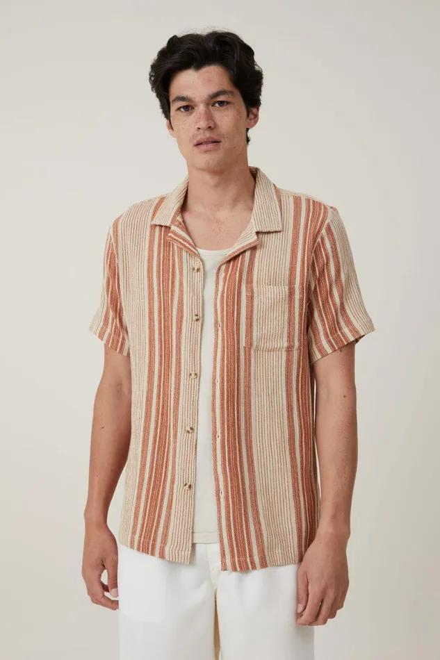 Men Shirts and Polos Cotton On Riviera Short Sleeve Shirt Burnt Clay Stripe