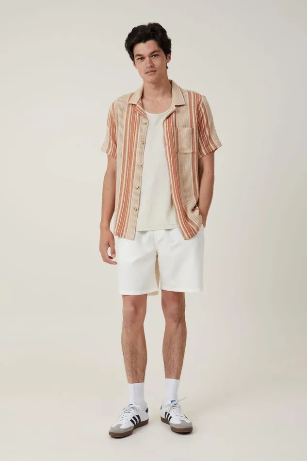 Men Shirts and Polos Cotton On Riviera Short Sleeve Shirt Burnt Clay Stripe