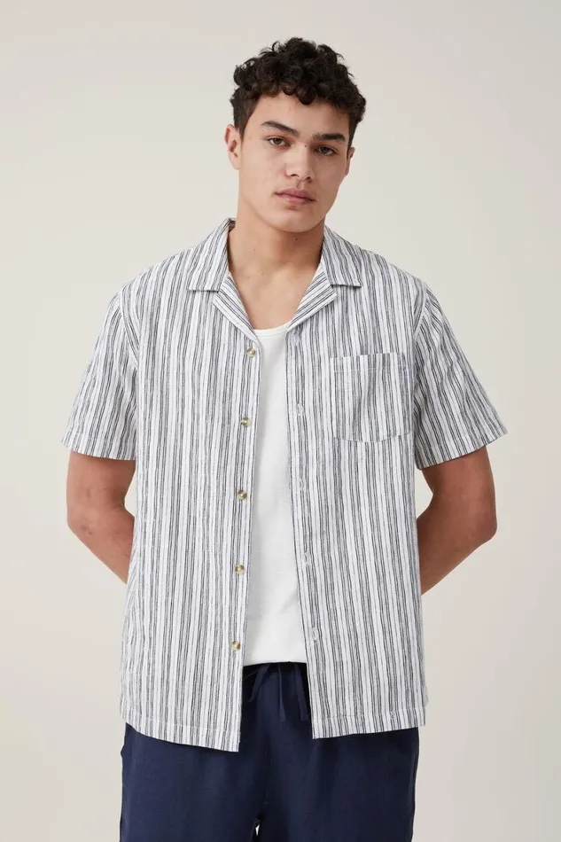 Men Shirts and Polos Cotton On Riviera Short Sleeve Shirt White Black Stripe
