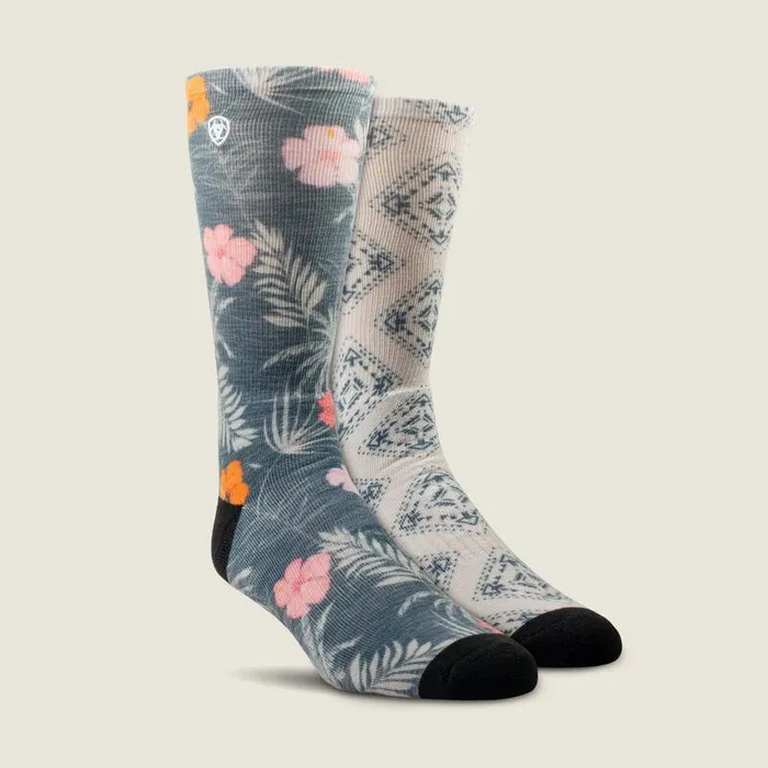 Men Socks Ariat Hibiscus Crew Sock 2 Pair Multi Color Pack