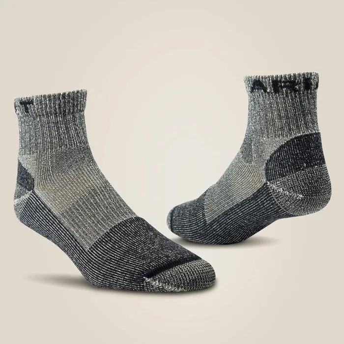 Men Socks Ariat Lightweight Merino Wool Blend Quarter Crew Steel Toe Work Sock 2 Pair Pack Grey