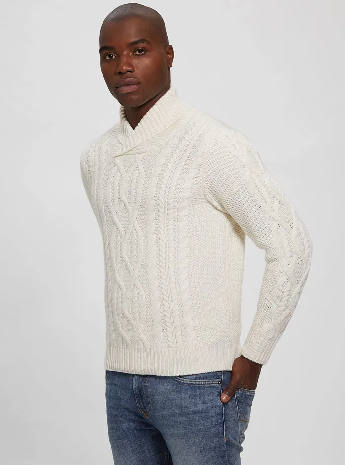 Men Sweaters and Knits GUESS Cream Kyle Cable Knit Jumper
