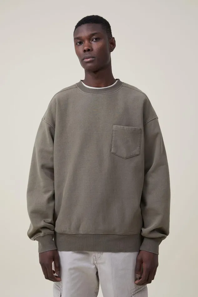 Men Sweats and Hoodies Cotton On Oversized Crew Sweater Jungle Khaki
