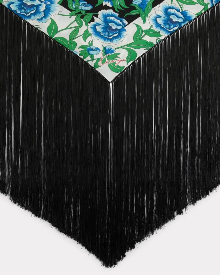 MenWomen 039KENZO Peonies039 Large Tassel Triangle In Silk Black Kenzo Scarves