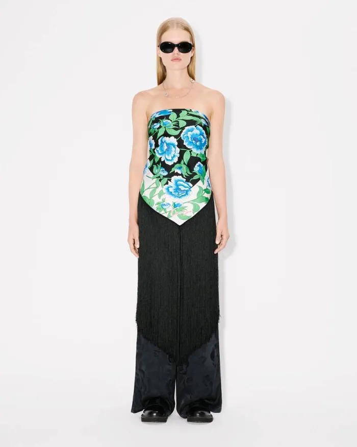 MenWomen 039KENZO Peonies039 Large Tassel Triangle In Silk Black Kenzo Scarves