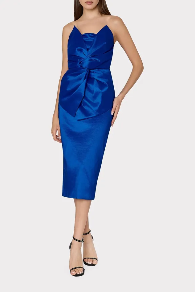 Milly Harlow Bow Taffeta Strapless Dress Blue Women Dresses