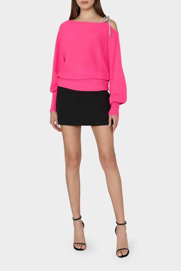 Milly Ida Crystal Bow Cold Shoulder Sweater Milly Pink Women Tops