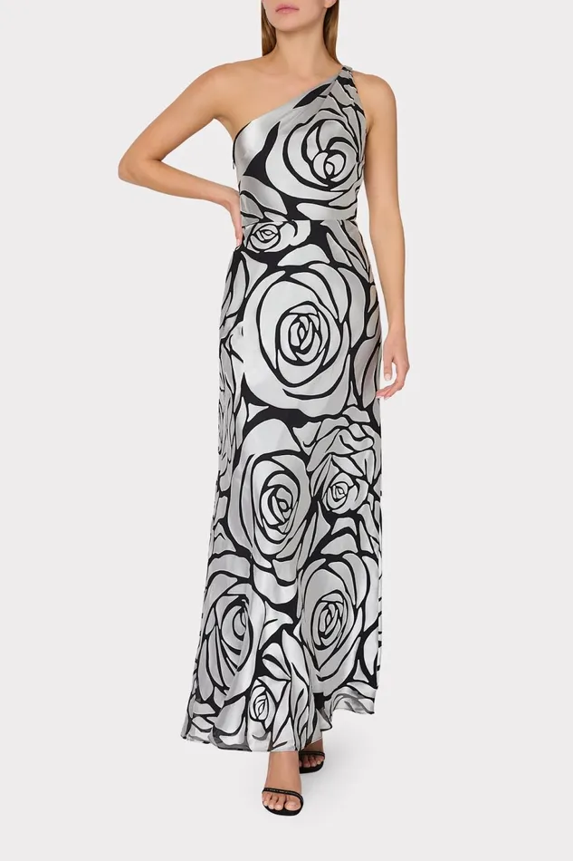 Milly Isley One Shoulder Rose Chiffon Devore Dress Silverblack Women Dresses