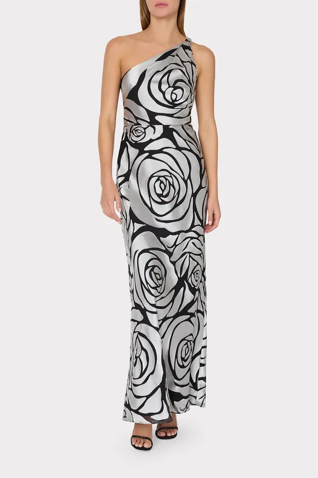 Milly Isley One Shoulder Rose Chiffon Devore Dress Silverblack Women Dresses