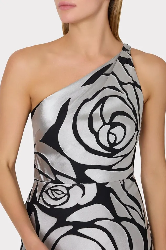 Milly Isley One Shoulder Rose Chiffon Devore Dress Silverblack Women Dresses