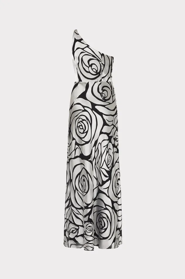 Milly Isley One Shoulder Rose Chiffon Devore Dress Silverblack Women Dresses