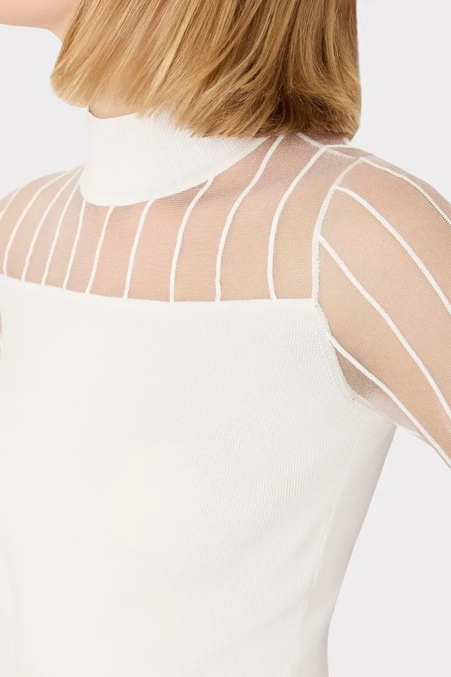 Milly Krissy Sheer Knit Mockneck Top Ecru Women Sweaters and Knits