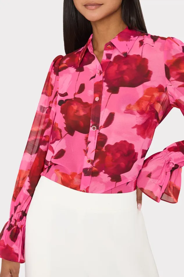 Milly Lacey Blurred Blossom Printed Blouse Pink Multi Women Tops