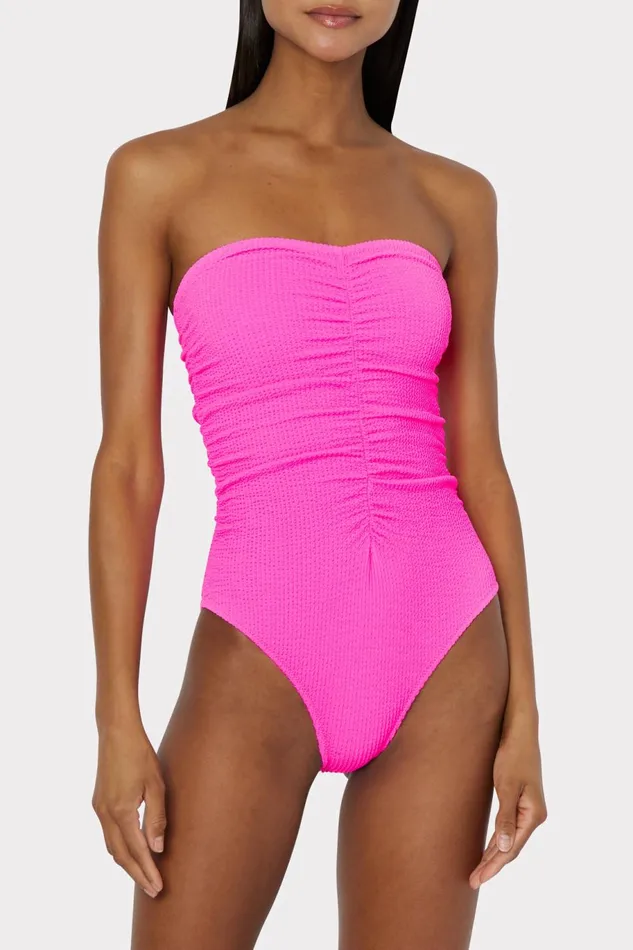 Milly Textured Ruched One Piece Neon Pink Women Swim and Coverups