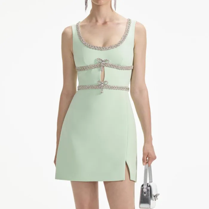 Mint Diamante Bow Trim Mini Dress Women Self Portrait Dresses Mint Diamante Bow Trim Mini Dress Women Self Portrait Dresses