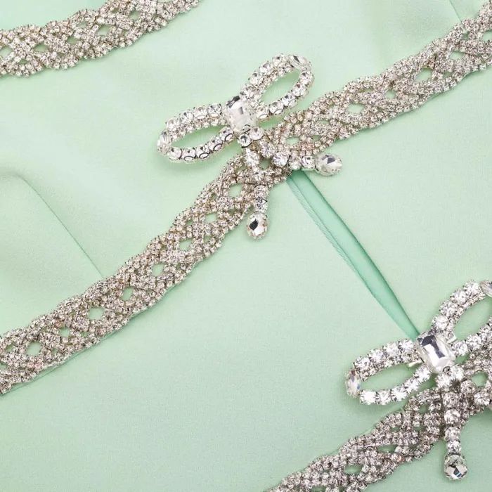 Mint Diamante Bow Trim Mini Dress Women Self Portrait Dresses Mint Diamante Bow Trim Mini Dress Women Self Portrait Dresses