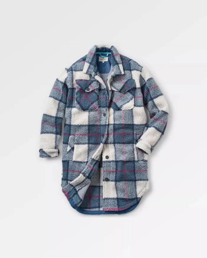 Passenger Clothing Cloudy Recycled DeepPile Sherpa Fleece Shirt Dark Denim Check Women Shirts