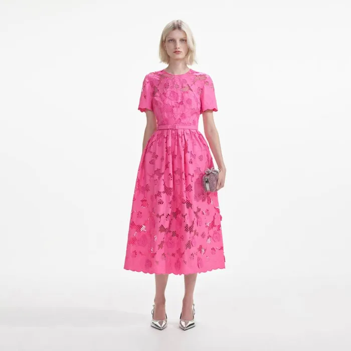 Pink Cotton Lace Midi Dress Women Self Portrait Dresses
