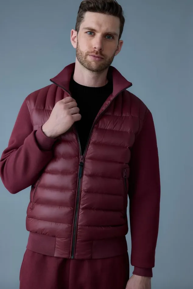 Puffer Men Mackage COLLINR Nano Down Mixed Media Bomber Jacket Garnet Puffer Men Mackage COLLINR Nano Down Mixed Media Bomber Jacket Garnet
