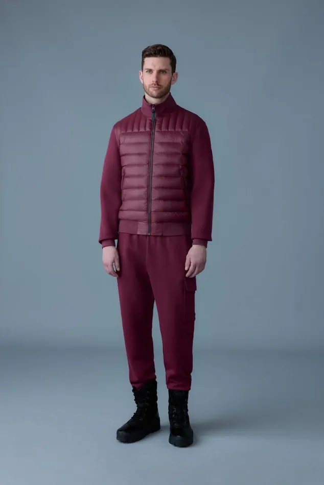 Puffer Men Mackage COLLINR Nano Down Mixed Media Bomber Jacket Garnet Puffer Men Mackage COLLINR Nano Down Mixed Media Bomber Jacket Garnet