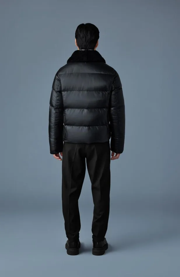 Puffer Men Mackage KYRIE Leather Down Quilted Jacket With Shearling Collar Black
