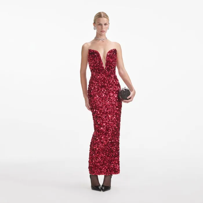 Red 3D Sequin Midi Dress Women Self Portrait Dresses