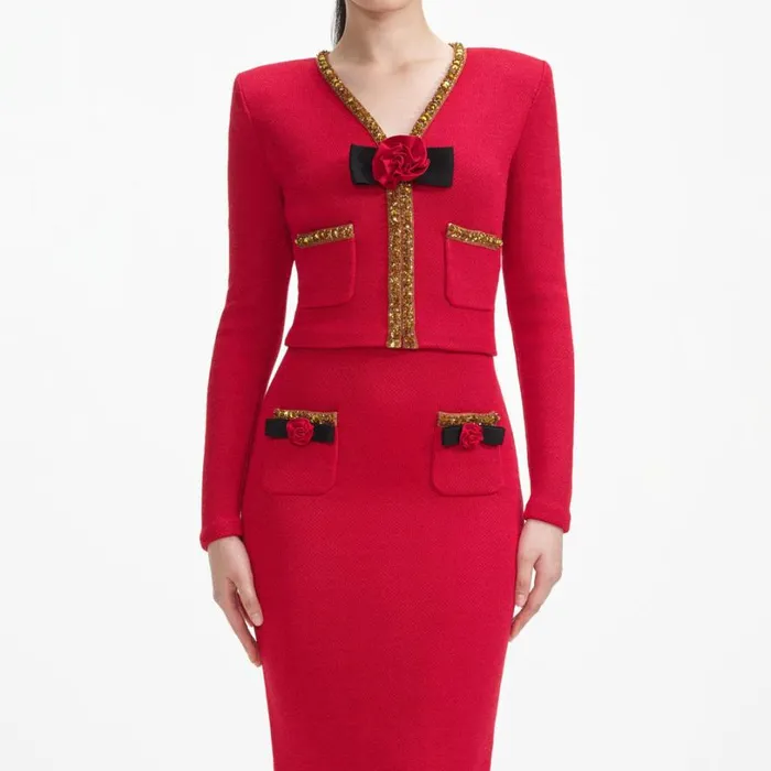 Red Textured Knit Corsage Cardigan Women Self Portrait Tops Red Textured Knit Corsage Cardigan Women Self Portrait Tops