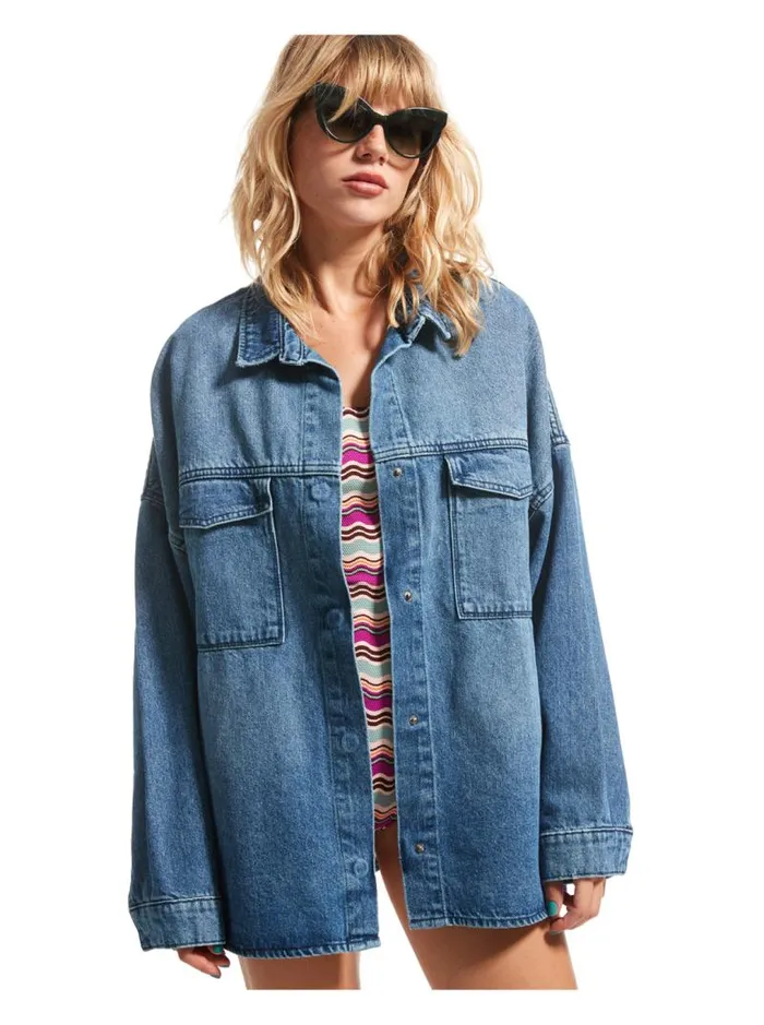 Roxy Fleece and Hoodies Main Character Denim Jacket Medium Blue 8211 Women Roxy Fleece and Hoodies Main Character Denim Jacket Medium Blue 8211 Women