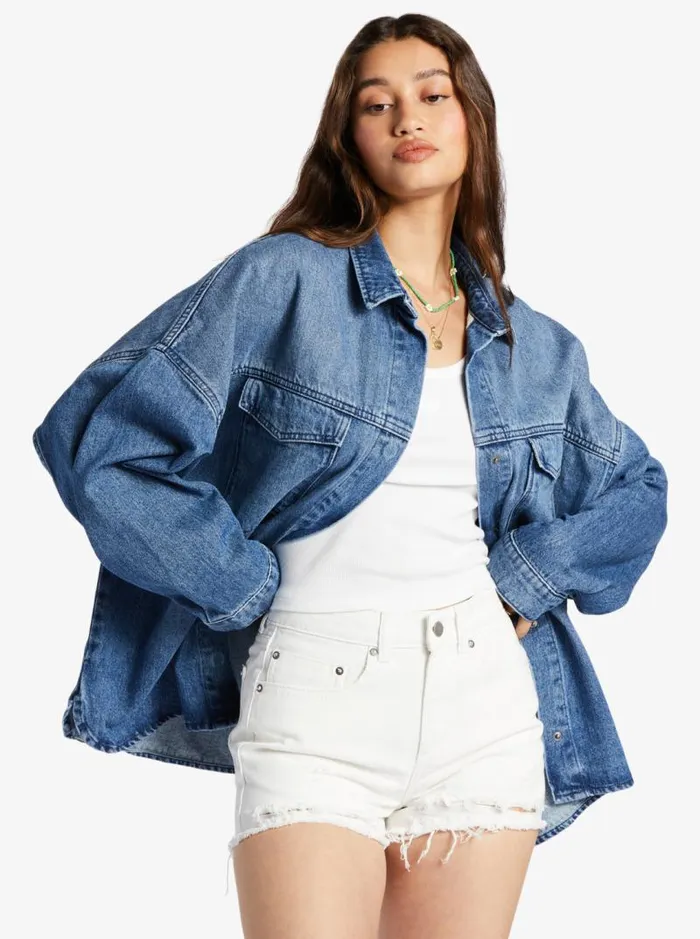 Roxy Fleece and Hoodies Main Character Denim Jacket Medium Blue 8211 Women Roxy Fleece and Hoodies Main Character Denim Jacket Medium Blue 8211 Women