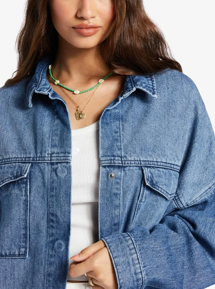 Roxy Fleece and Hoodies Main Character Denim Jacket Medium Blue 8211 Women Roxy Fleece and Hoodies Main Character Denim Jacket Medium Blue 8211 Women