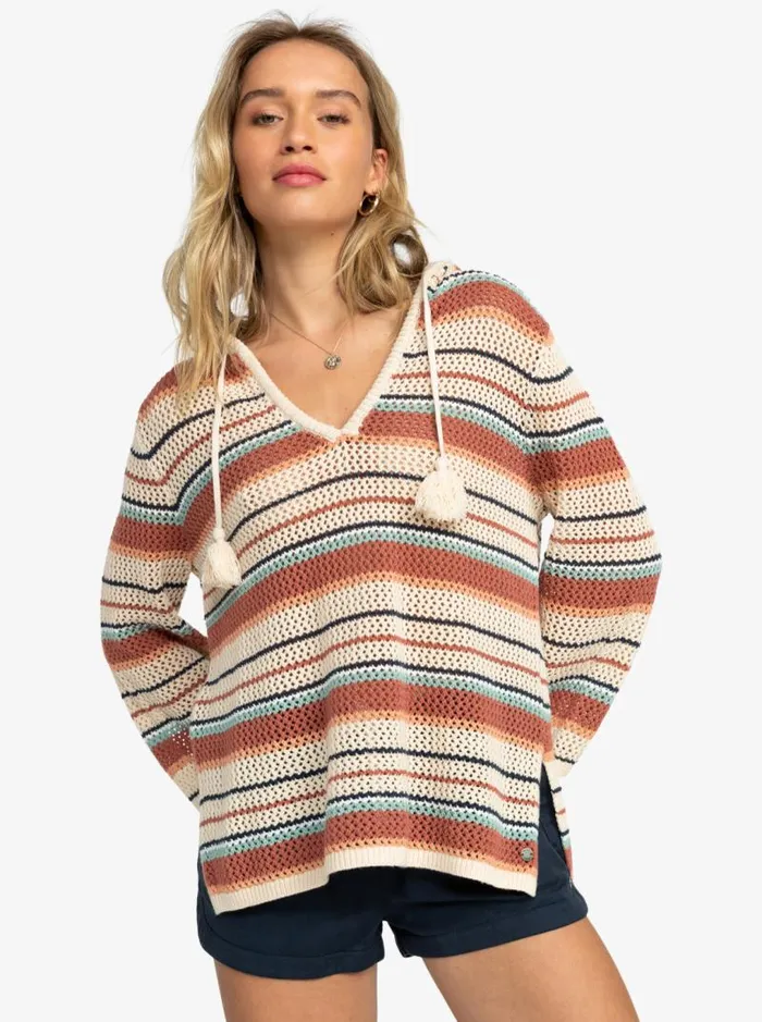 Roxy Jackets After Beach Break Stripe Poncho Hoodie Tapioca Heart Stripe 8211 Women