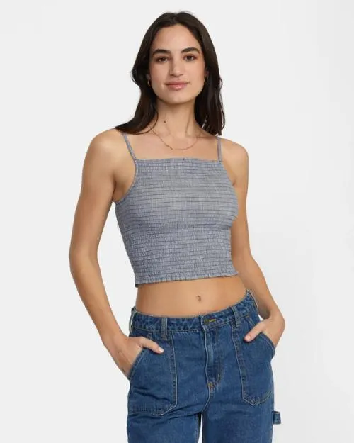 Rvca Houndstooth Revival Cropped Tank Top Blue Grey Women Tops
