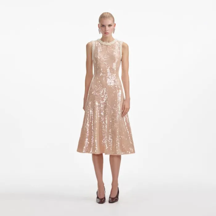 Sequin Pearl Trim Midi Dress Women Self Portrait Dresses