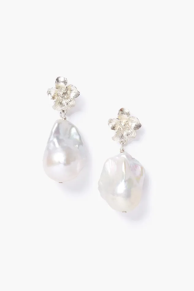 Silver Hibiscus Pearl Drop Earrings Women Chan Luu Earrings