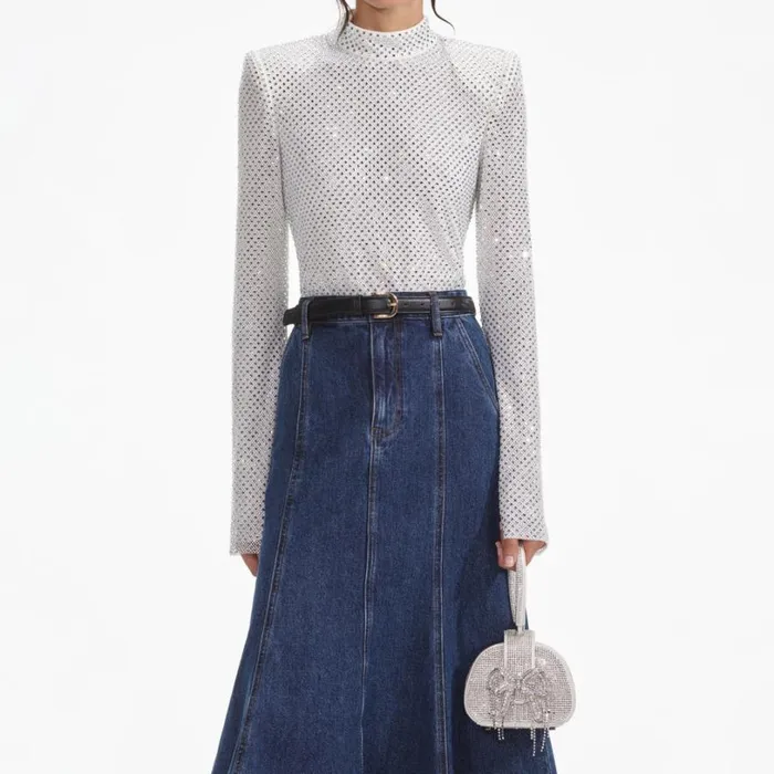 Silver Rhinestone Fishnet Top Women Self Portrait Tops