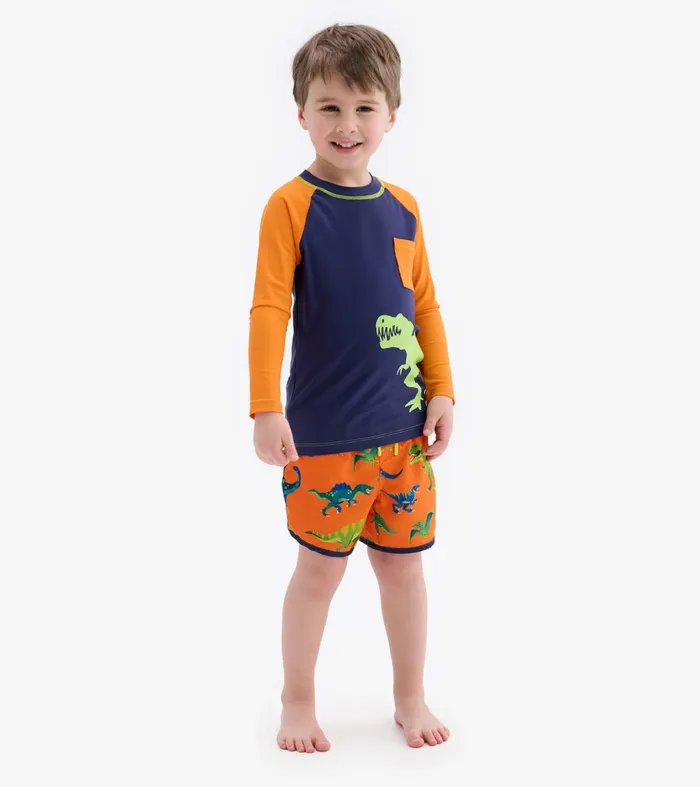 Swimwear Boys Hatley Colourblock Dino Long Sleeve Pocket Rashguard