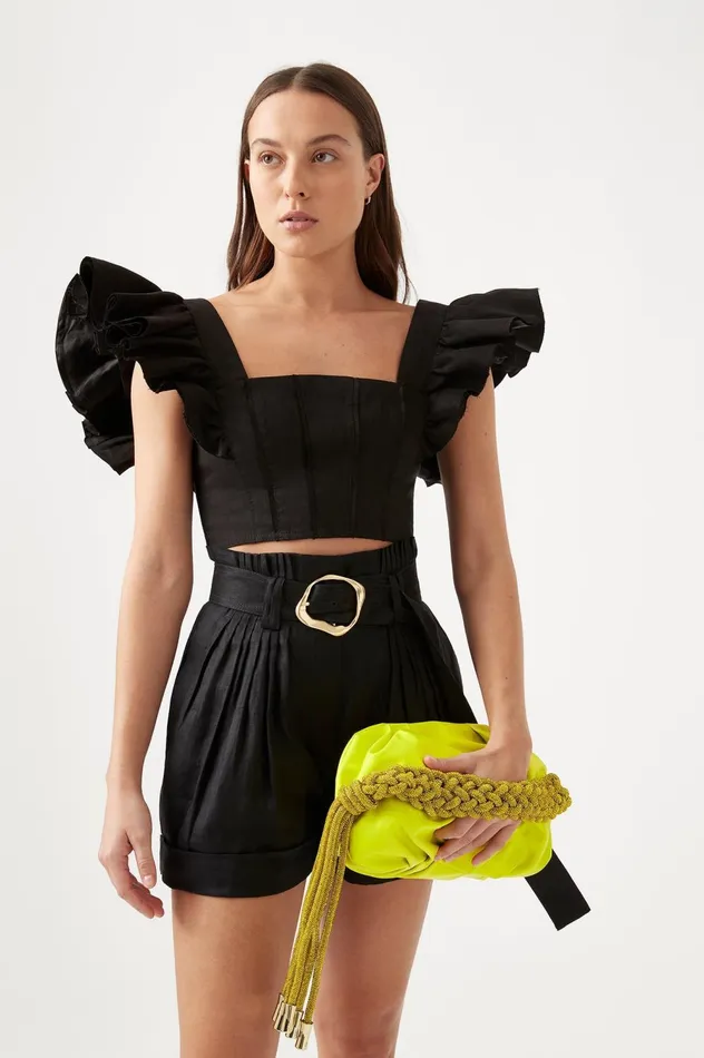 Vanades Frill Crop Top Black Women Aje Tops