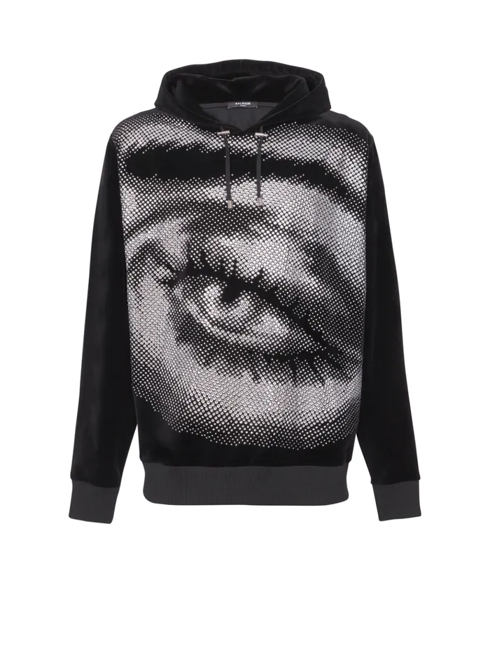 Velvet Hoodie With Crystals In An Eye Motif Black Men Balmain Sweatshirts