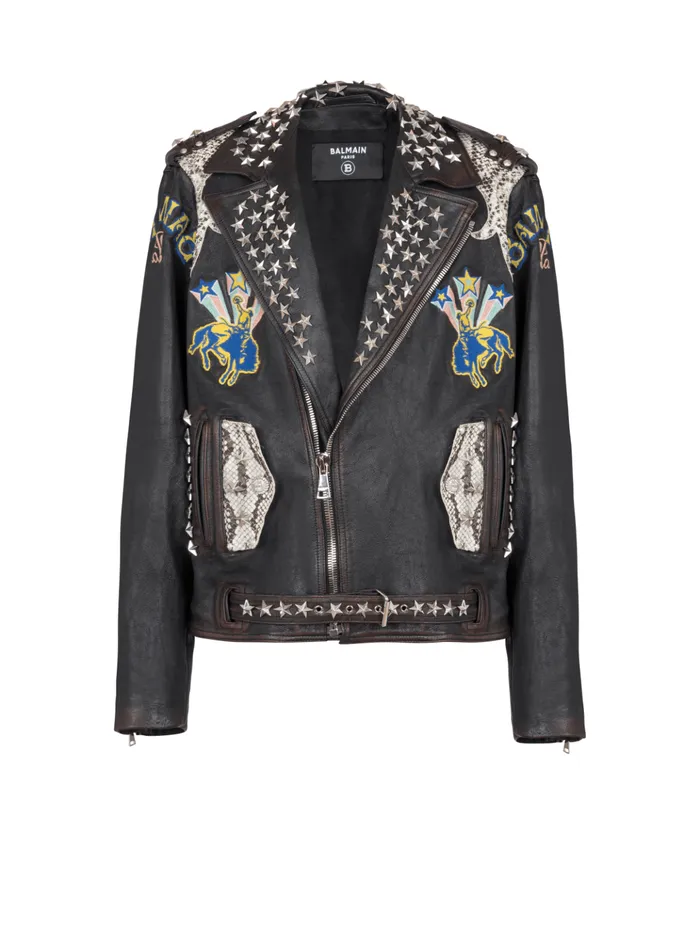 Western Leather Biker Jacket Black Men Balmain Outerwear