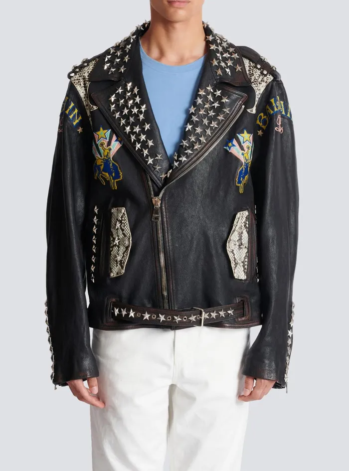 Western Leather Biker Jacket Black Men Balmain Outerwear