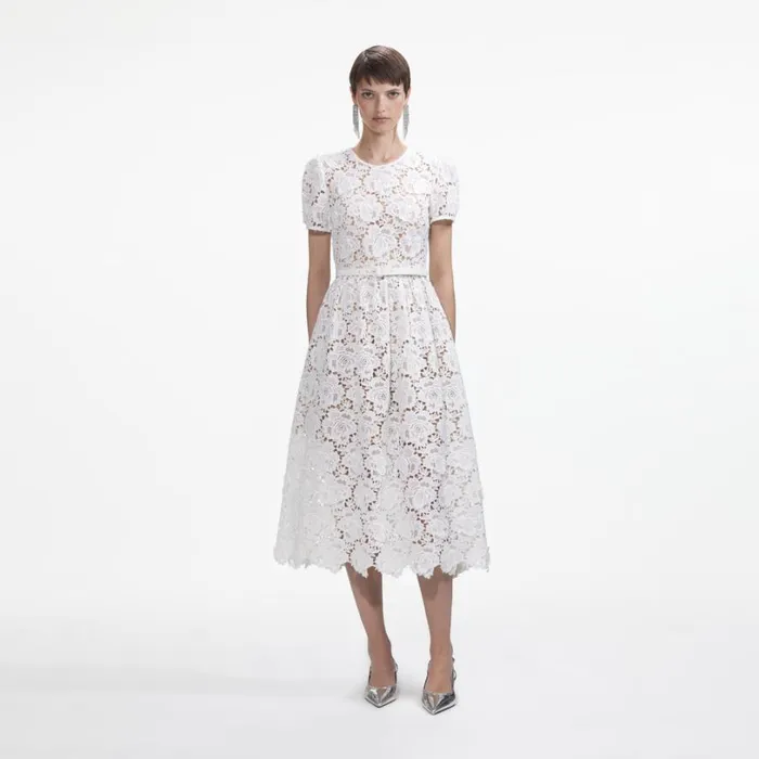 White Floral Lace Midi Dress Women Self Portrait Dresses